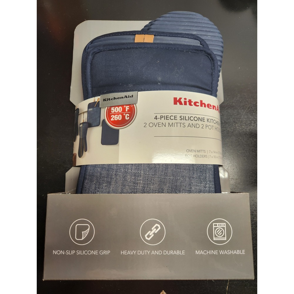 KitchenAid 4-Piece Silicone Kitchen Set Navy Blue Oven Mitts Pot Holders 1660979